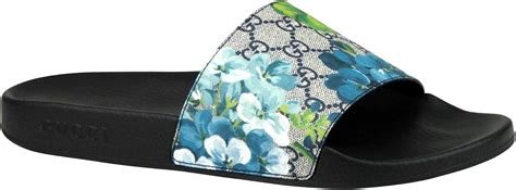 gucci shoes floral|Gucci slides with blue flowers.